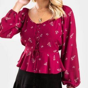 Francesca’s Red Floral Lace-Up Peplum Blouse, Size L